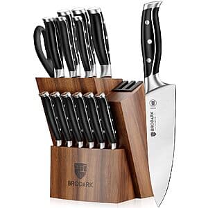 BRODARK 15-Pc Kitchen Knife Set w/ Block & Sharpener